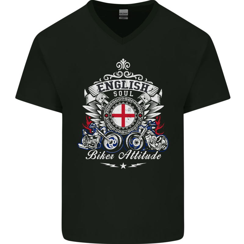 English Soul Biker Attitude Bike Motorcycle Mens V-Neck Cotton T-Shirt Black