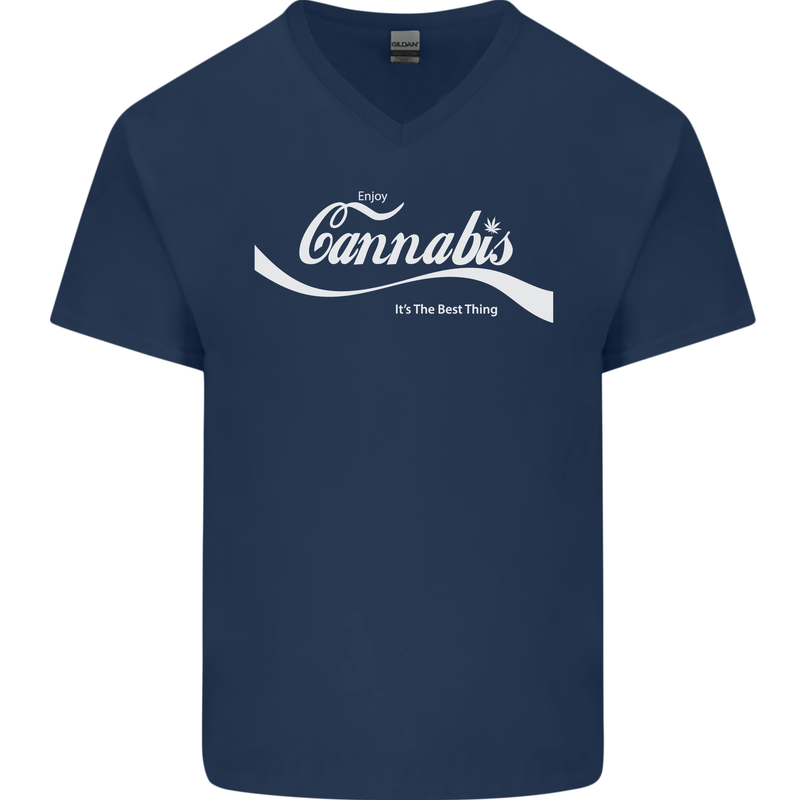 Enjoy Cannabis Funny Weed Drugs Spliff Bong Mens V-Neck Cotton T-Shirt Navy Blue