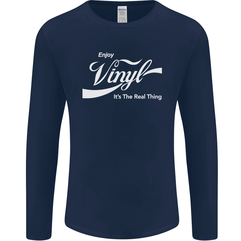 Enjoy Vinyl DJ DJing Decks Turntable Funny Mens Long Sleeve T-Shirt Navy Blue