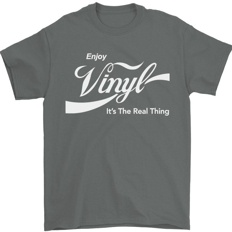Enjoy Vinyl DJ DJing Decks Turntable Funny Mens T-Shirt Cotton Gildan Charcoal