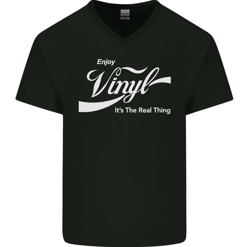 Enjoy Vinyl DJ DJing Decks Turntable Funny Mens V-Neck Cotton T-Shirt Black