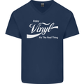 Enjoy Vinyl DJ DJing Decks Turntable Funny Mens V-Neck Cotton T-Shirt Navy Blue