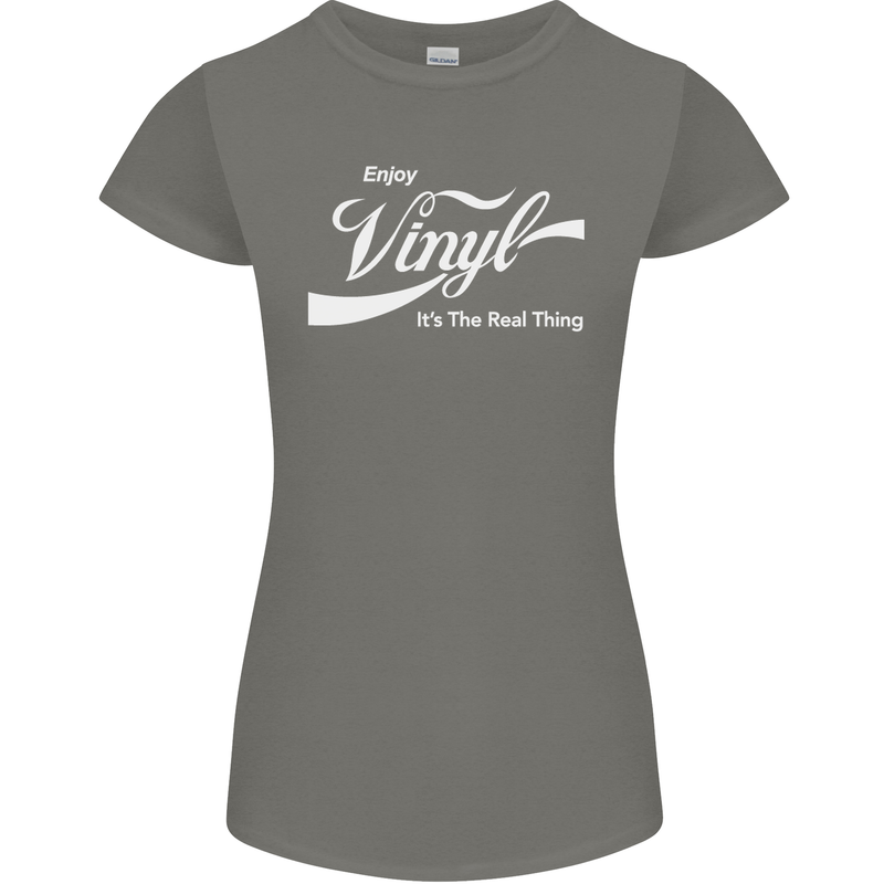 Enjoy Vinyl DJ DJing Decks Turntable Funny Womens Petite Cut T-Shirt Charcoal