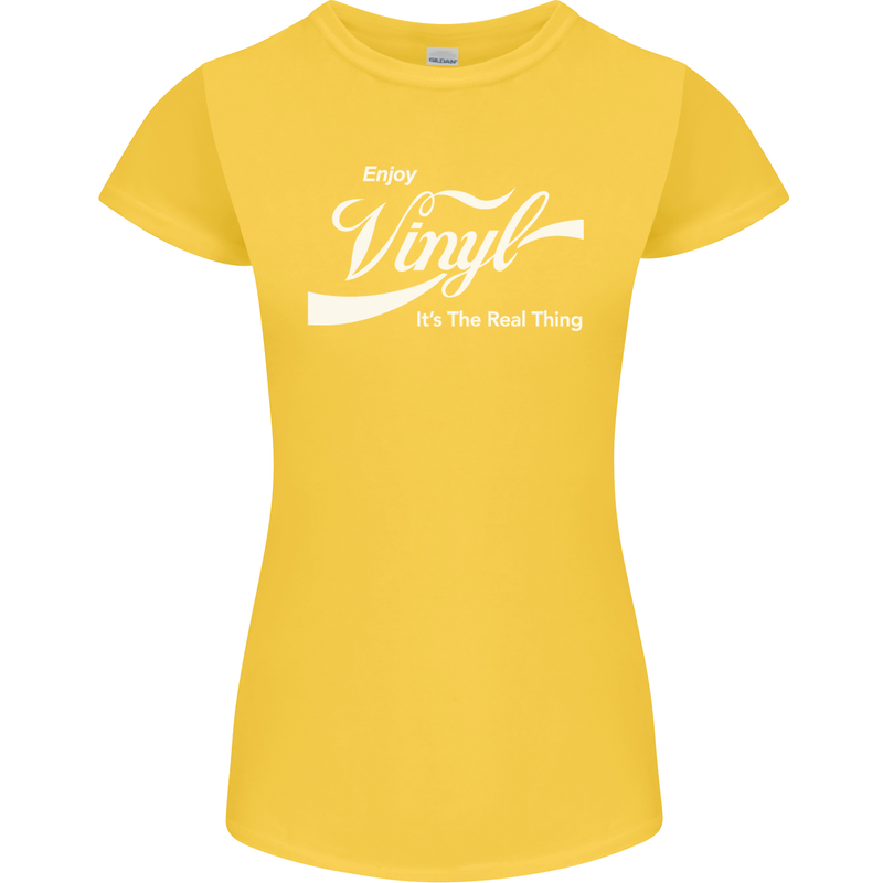 Enjoy Vinyl DJ DJing Decks Turntable Funny Womens Petite Cut T-Shirt Yellow