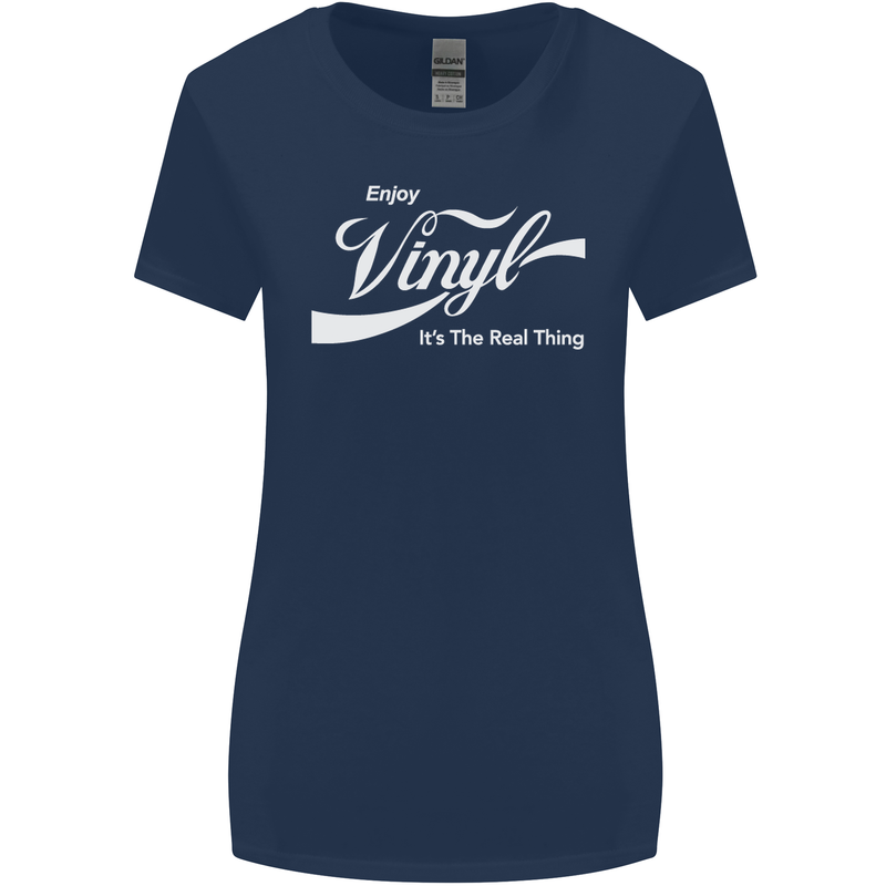 Enjoy Vinyl DJ DJing Decks Turntable Funny Womens Wider Cut T-Shirt Navy Blue