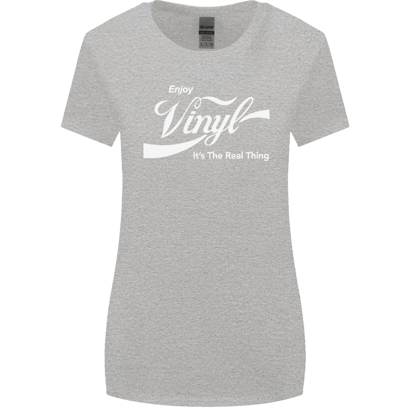 Enjoy Vinyl DJ DJing Decks Turntable Funny Womens Wider Cut T-Shirt Sports Grey