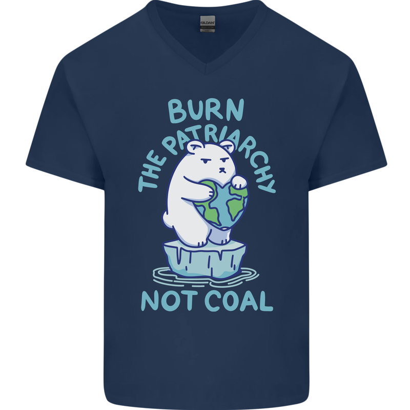 Environment Burn the Patriachy Not Coal Mens V-Neck Cotton T-Shirt Navy Blue