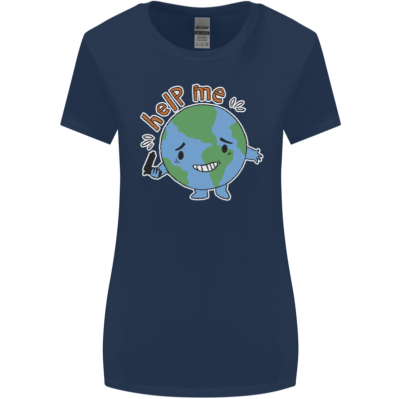 Environment Help Me Climate Change Womens Wider Cut T-Shirt Navy Blue