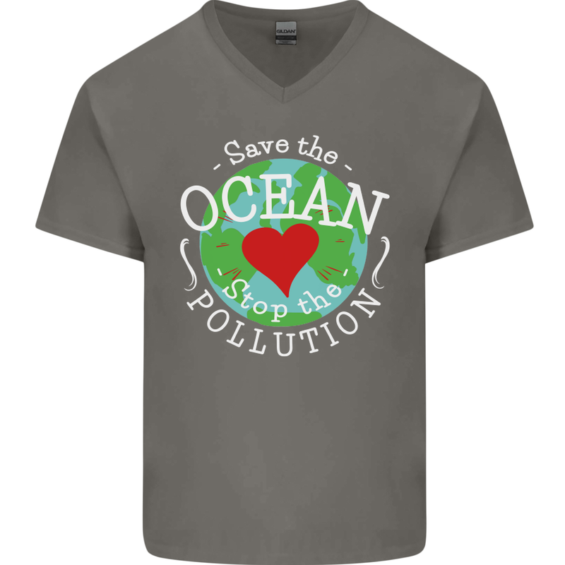 Environment Save the Ocean Stop Pollution Mens V-Neck Cotton T-Shirt Charcoal