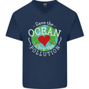 Environment Save the Ocean Stop Pollution Mens V-Neck Cotton T-Shirt Navy Blue
