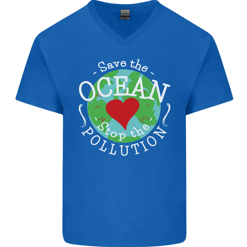 Environment Save the Ocean Stop Pollution Mens V-Neck Cotton T-Shirt Royal Blue