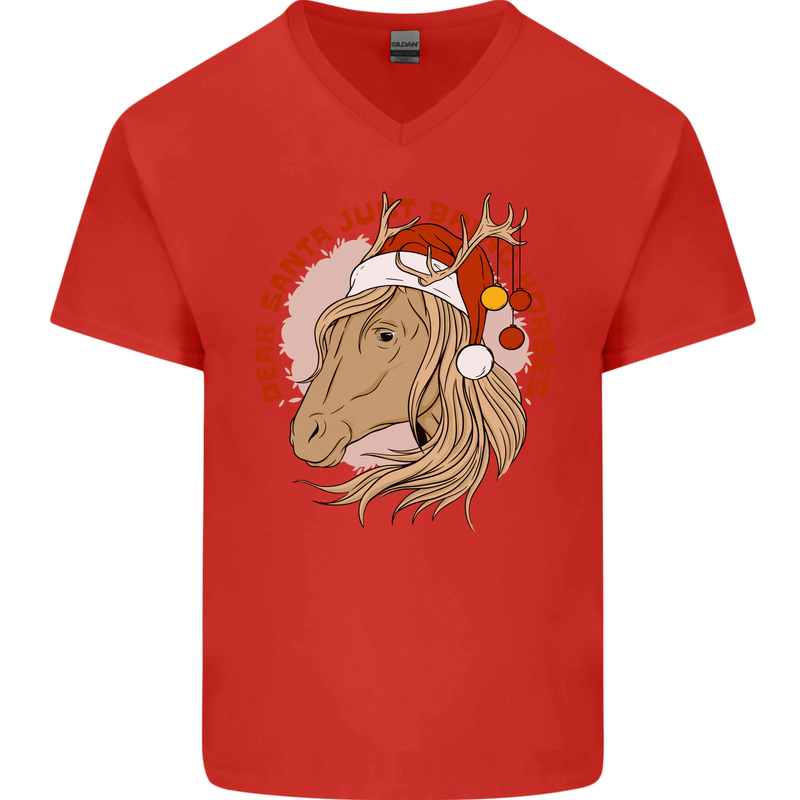 Equestrian Dear Santa Funny Horse Christmas Mens V-Neck Cotton T-Shirt Red