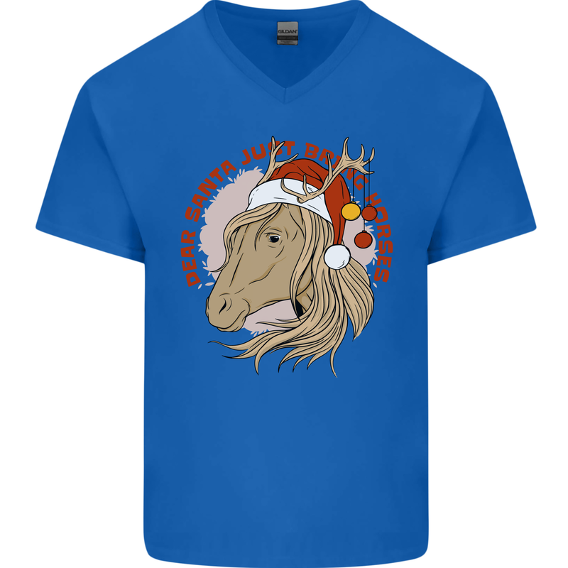 Equestrian Dear Santa Funny Horse Christmas Mens V-Neck Cotton T-Shirt Royal Blue