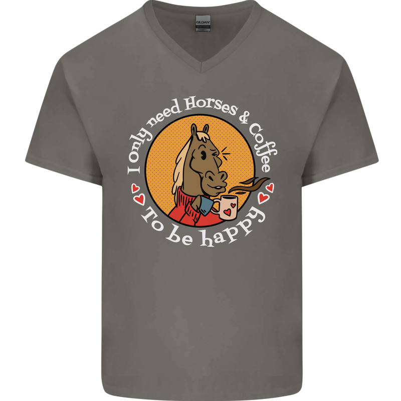 Equestrian I Only Need Horses and Coffee Mens V-Neck Cotton T-Shirt Charcoal