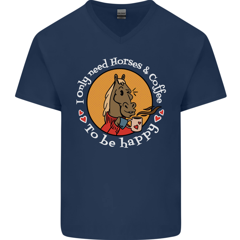 Equestrian I Only Need Horses and Coffee Mens V-Neck Cotton T-Shirt Navy Blue