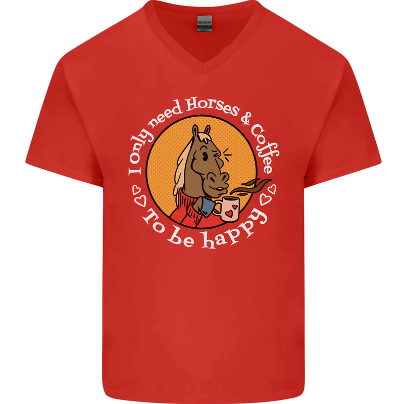 Equestrian I Only Need Horses and Coffee Mens V-Neck Cotton T-Shirt Red