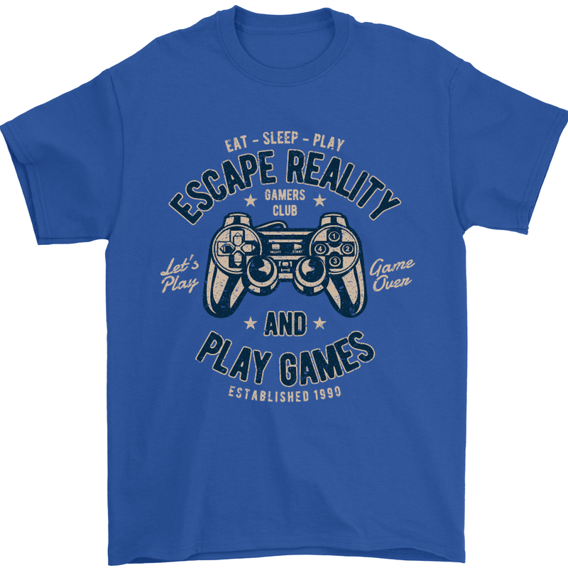 Escape Reality and Play Games Mens T-Shirt Cotton Gildan Royal Blue