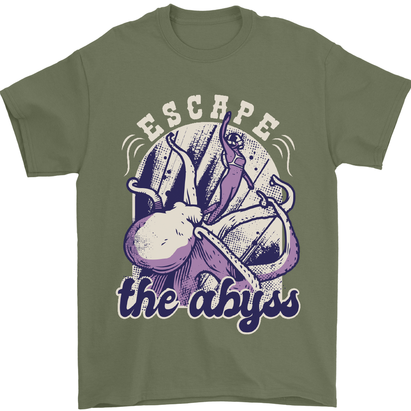 Escape the Abyss Scuba Diving Mens T-Shirt Cotton Gildan Military Green