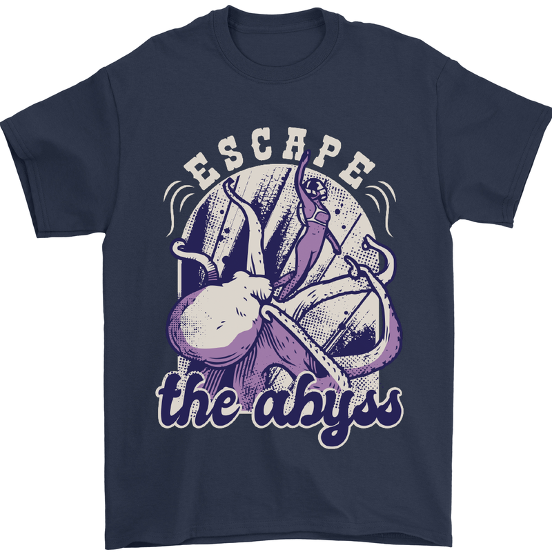 Escape the Abyss Scuba Diving Mens T-Shirt Cotton Gildan Navy Blue