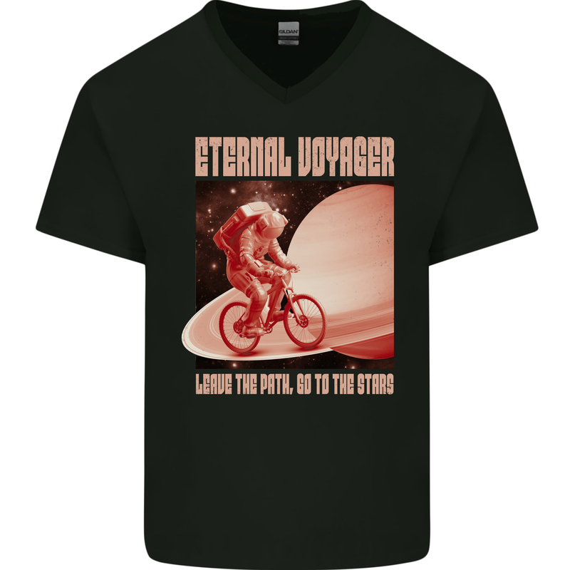Eternal Voyager Cycling Bycycle Cyclist Mens V-Neck Cotton T-Shirt Black