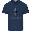 Ethereum Cryptocurrency Bitcoin Mens V-Neck Cotton T-Shirt Navy Blue