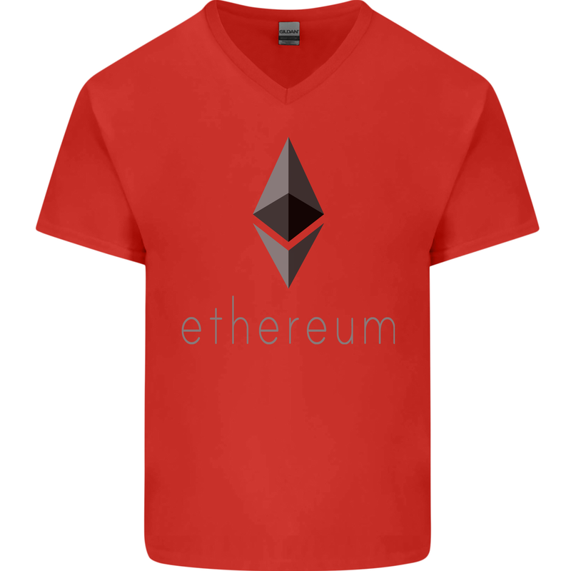 Ethereum Cryptocurrency Bitcoin Mens V-Neck Cotton T-Shirt Red