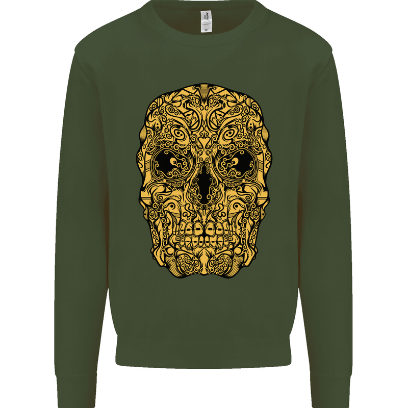 Ethnic Skull Gothic Tribal Demon Kids Sweatshirt Jumper Forest Green