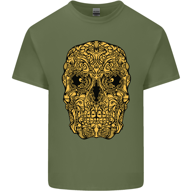 Ethnic Skull Gothic Tribal Demon Mens Cotton T-Shirt Tee Top Military Green