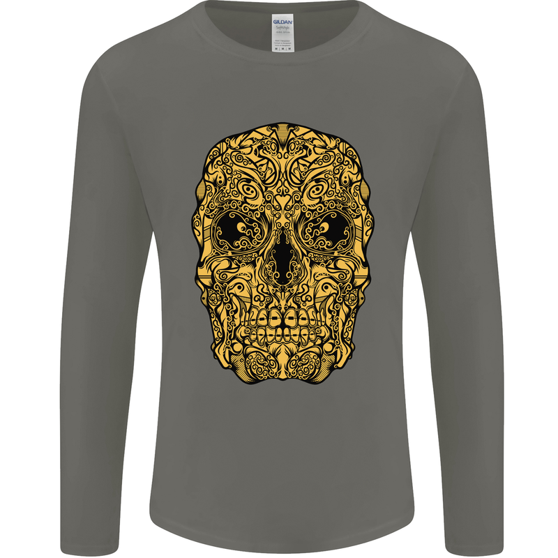 Ethnic Skull Gothic Tribal Demon Mens Long Sleeve T-Shirt Charcoal