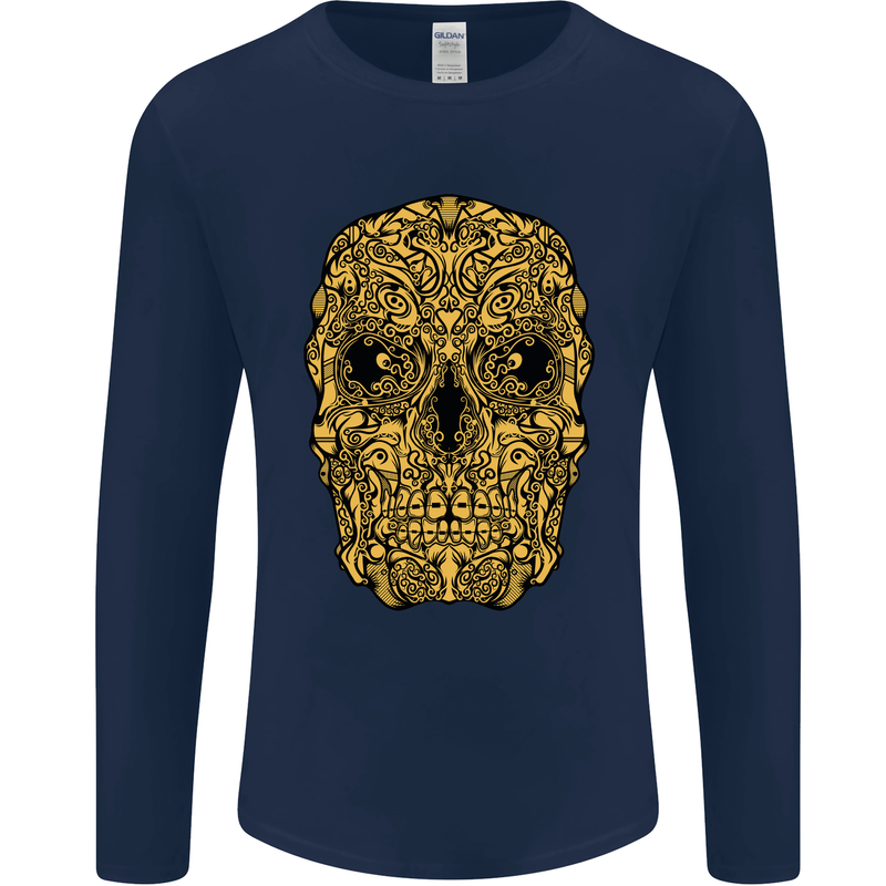 Ethnic Skull Gothic Tribal Demon Mens Long Sleeve T-Shirt Navy Blue