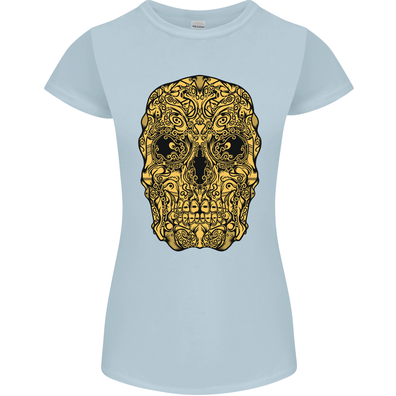 Ethnic Skull Gothic Tribal Demon Womens Petite Cut T-Shirt Light Blue