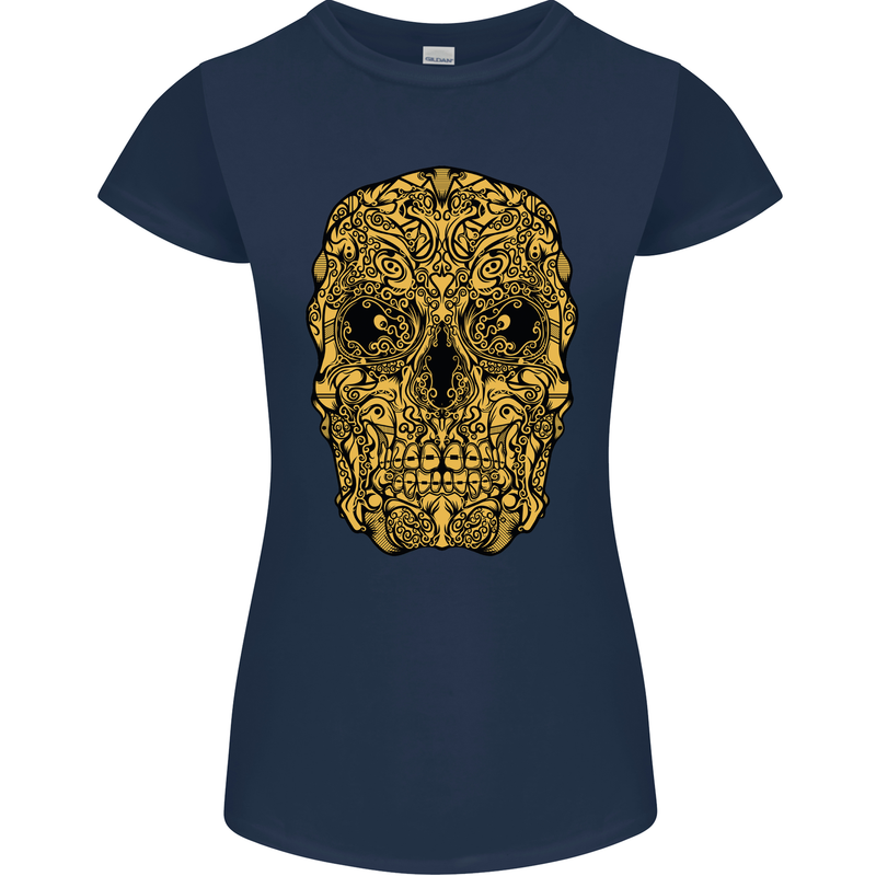 Ethnic Skull Gothic Tribal Demon Womens Petite Cut T-Shirt Navy Blue