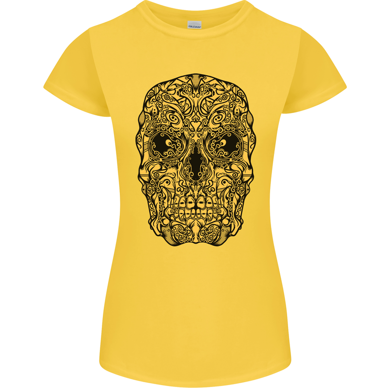 Ethnic Skull Gothic Tribal Demon Womens Petite Cut T-Shirt Yellow