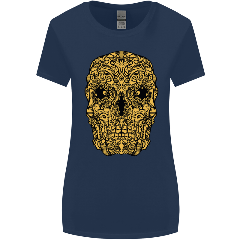 Ethnic Skull Gothic Tribal Demon Womens Wider Cut T-Shirt Navy Blue