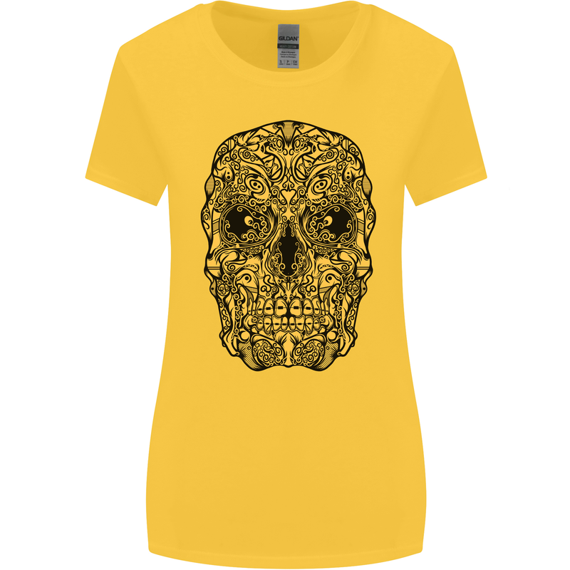 Ethnic Skull Gothic Tribal Demon Womens Wider Cut T-Shirt Yellow