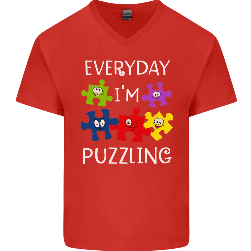 Every Day I'm Puzzling Autism Autistic ASD Mens V-Neck Cotton T-Shirt Red