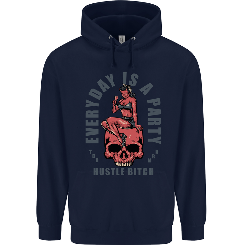 Every Day Is a Party Hustle Skull Alcohol Childrens Kids Hoodie Navy Blue
