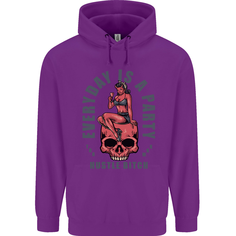 Every Day Is a Party Hustle Skull Alcohol Childrens Kids Hoodie Purple