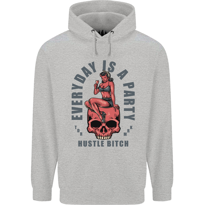 Every Day Is a Party Hustle Skull Alcohol Childrens Kids Hoodie Sports Grey