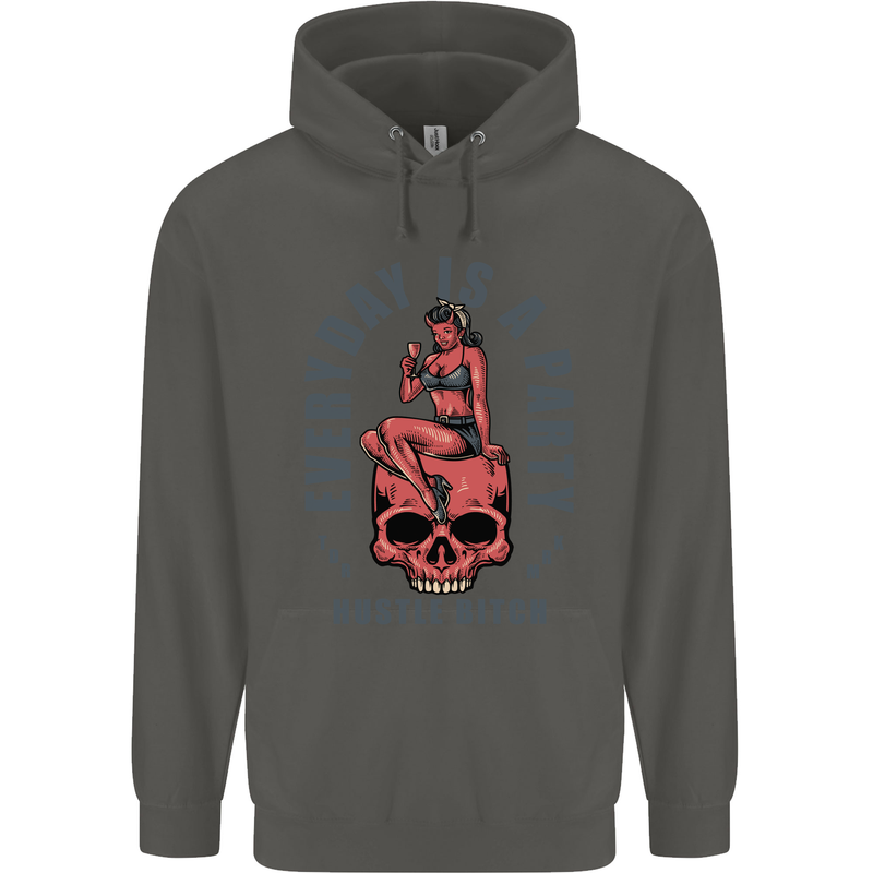 Every Day Is a Party Hustle Skull Alcohol Childrens Kids Hoodie Storm Grey
