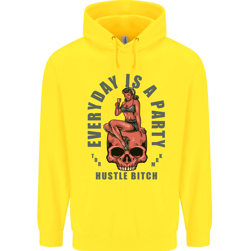 Every Day Is a Party Hustle Skull Alcohol Childrens Kids Hoodie Yellow