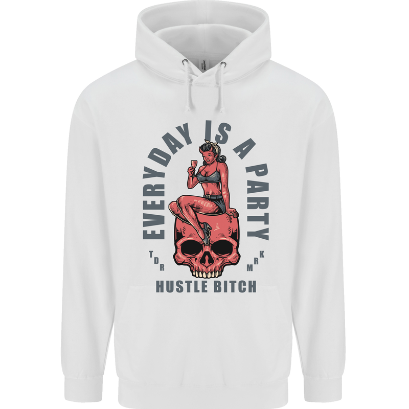 Every Day Is a Party Hustle Skull Alcohol Mens 80% Cotton Hoodie White