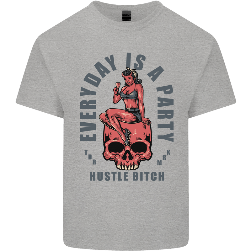 Every Day Is a Party Hustle Skull Alcohol Mens Cotton T-Shirt Tee Top Sports Grey