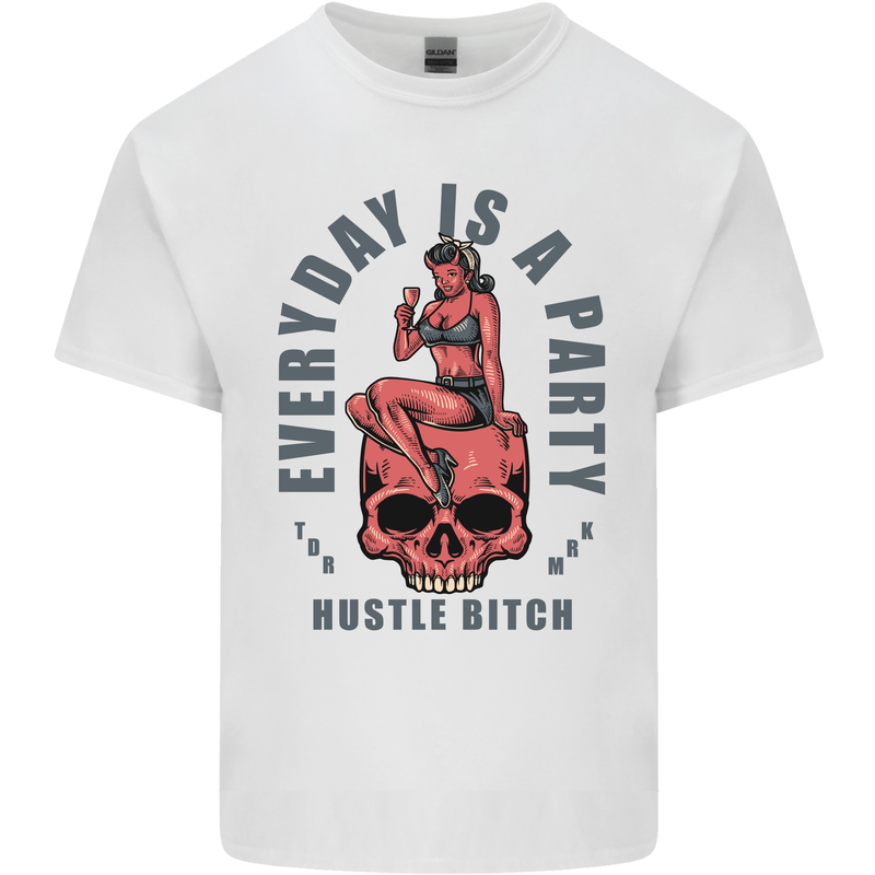 Every Day Is a Party Hustle Skull Alcohol Mens Cotton T-Shirt Tee Top White