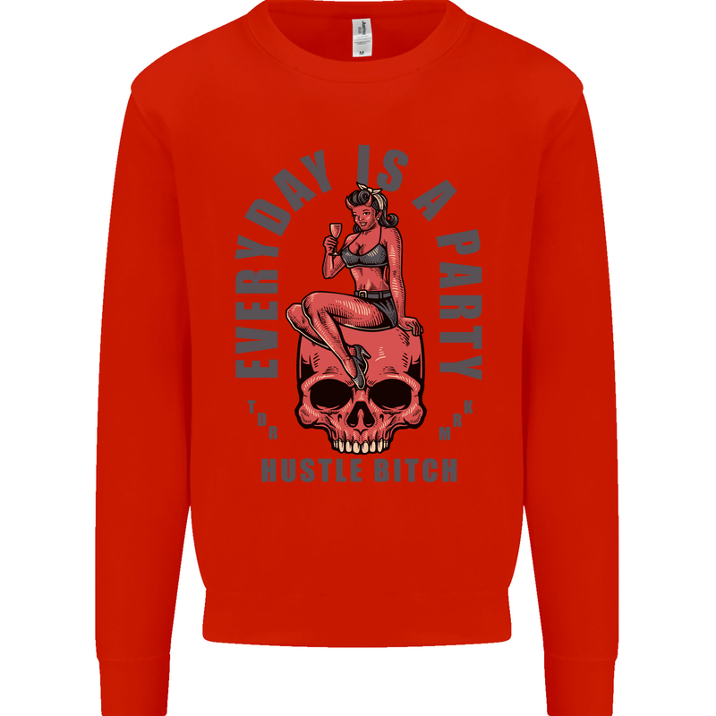 Every Day Is a Party Hustle Skull Alcohol Mens Sweatshirt Jumper Bright Red
