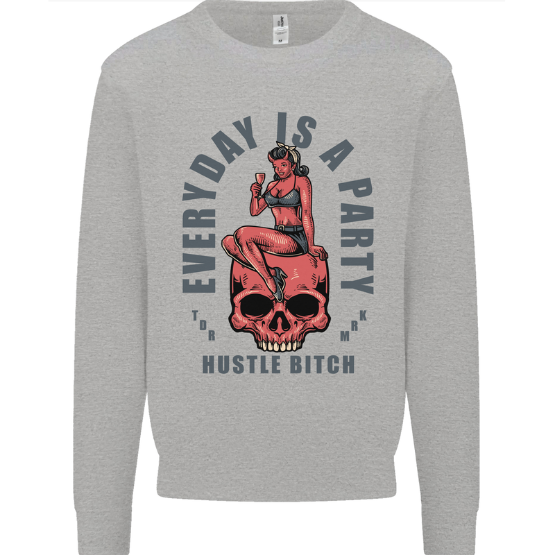 Every Day Is a Party Hustle Skull Alcohol Mens Sweatshirt Jumper Sports Grey
