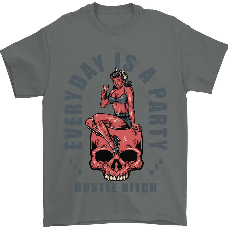 Every Day Is a Party Hustle Skull Alcohol Mens T-Shirt Cotton Gildan Charcoal