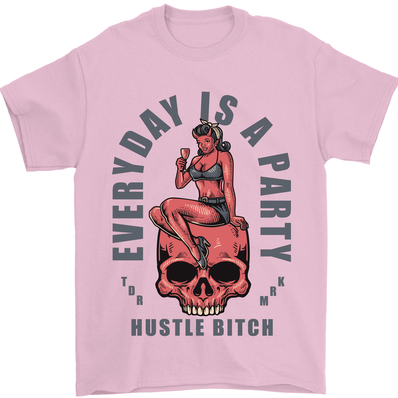 Every Day Is a Party Hustle Skull Alcohol Mens T-Shirt Cotton Gildan Light Pink
