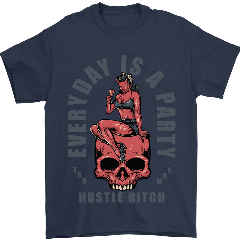 Every Day Is a Party Hustle Skull Alcohol Mens T-Shirt Cotton Gildan Navy Blue