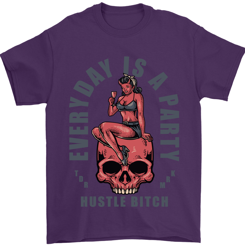 Every Day Is a Party Hustle Skull Alcohol Mens T-Shirt Cotton Gildan Purple